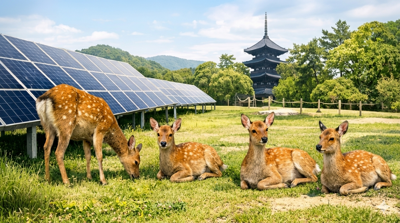 Group of Nara deer resting on grass in front of a solar panel array with a pagoda visible in the background