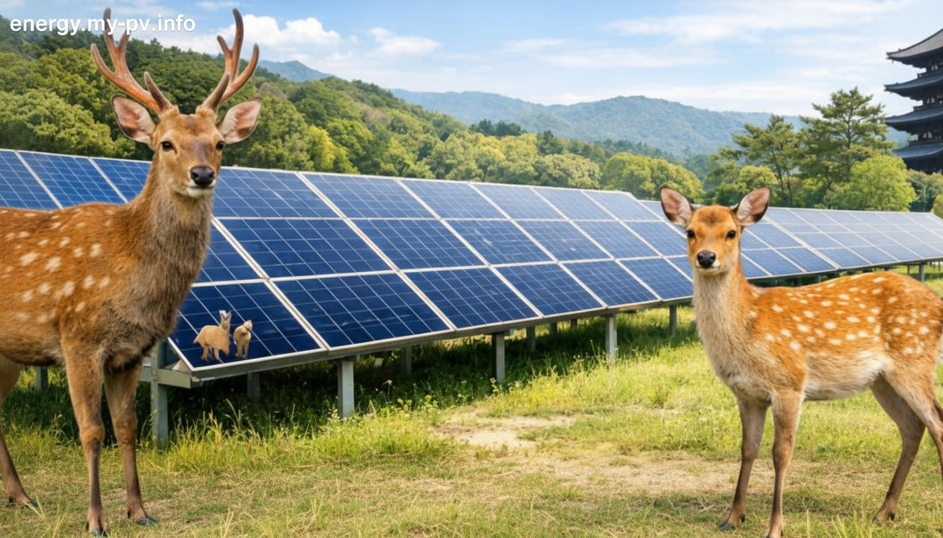 Nara deer standing beside solar panels with a Japanese pagoda and forested hills in the background